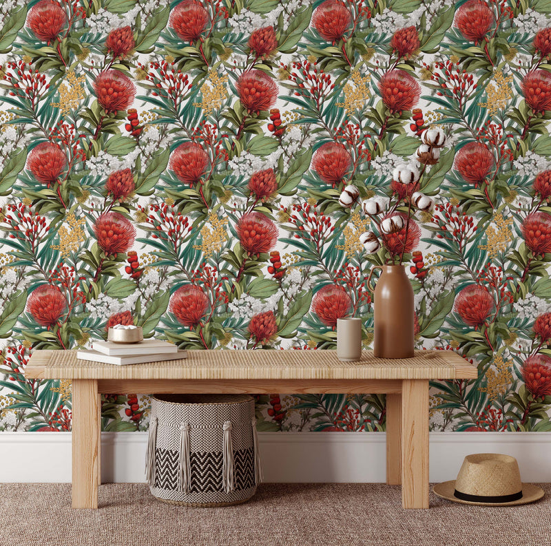 Native Garden In Red and Green - Australian Floral Removable Wallpaper I Heart Wall Art Australia