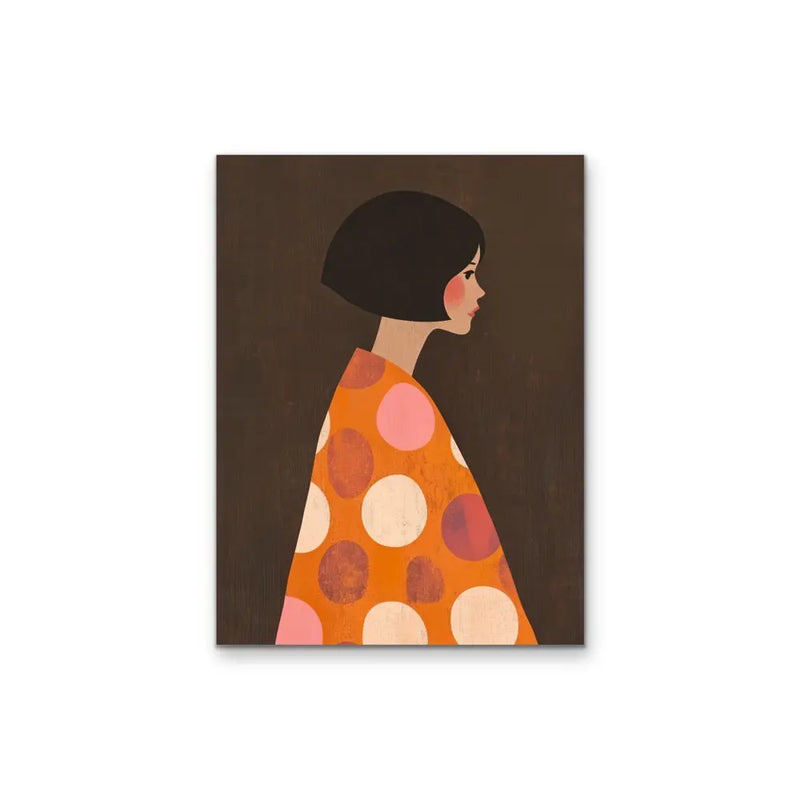 Orange Spots - Contemporary Lady in Pink Dotted Orange Dress Brown Background Wall Canvas Print I Heart Wall Art Australia