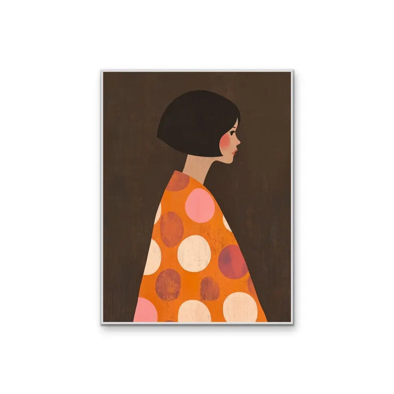 Orange Spots - Contemporary Lady in Pink Dotted Orange Dress Brown Background Wall Canvas Print I Heart Wall Art Australia