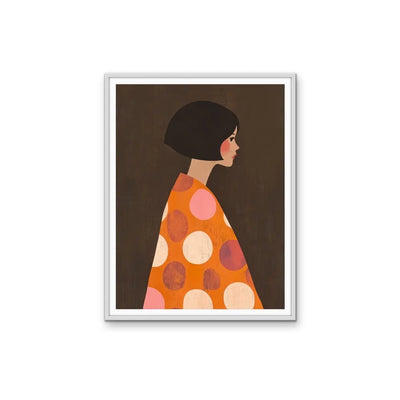 Orange Spots - Contemporary Lady in Pink Dotted Orange Dress Brown Background Wall Canvas Print I Heart Wall Art Australia