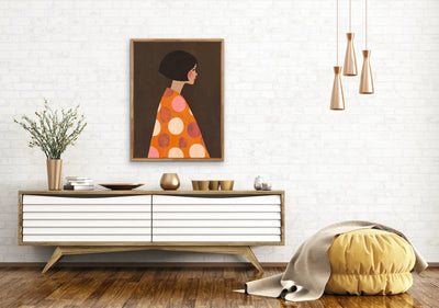 Orange Spots - Contemporary Lady in Pink Dotted Orange Dress Brown Background Wall Canvas Print I Heart Wall Art Australia