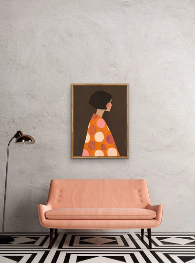 Orange Spots - Contemporary Lady in Pink Dotted Orange Dress Brown Background Wall Canvas Print I Heart Wall Art Australia