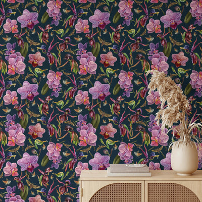 Orchid Garden - Dark Green and Pink Floral Watercolour Wallpaper I Heart Wall Art Australia