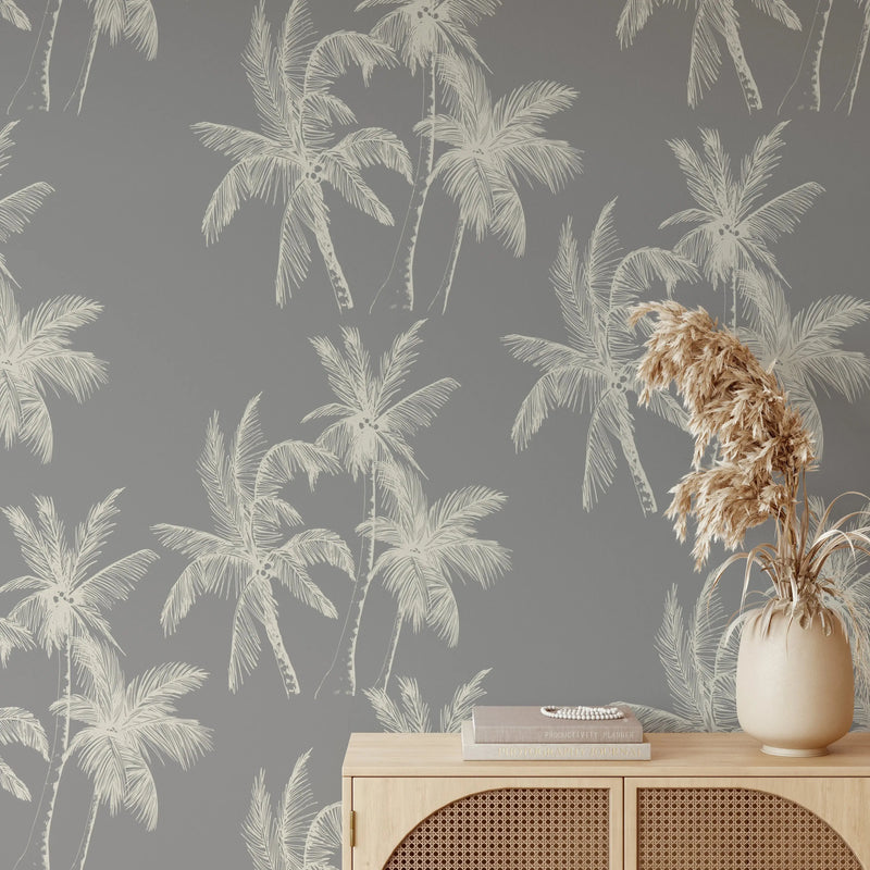 Palm Dreams in Darker Tones Wallpaper - Cream and Dark Grey Palm Tree Tropical Removable Peel and Stick or Soak and Stick Wallpaper - I Heart Wall Art