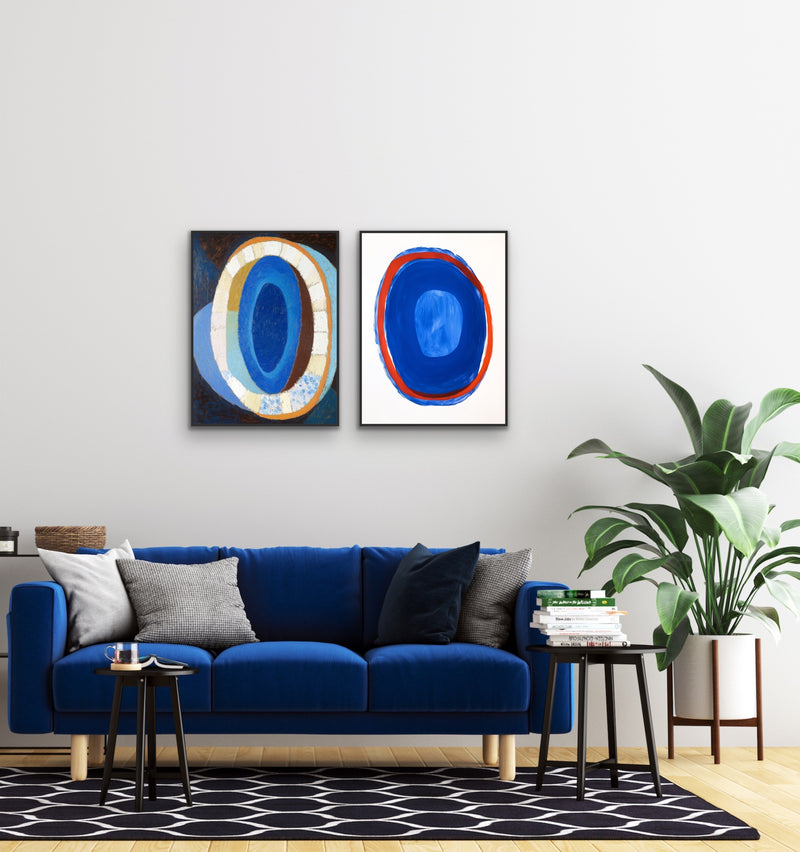 Blue Soul - Abstract Two Piece Set, Contemporary Blue & Red Geometric Stretched Canvas or Wall Art Print