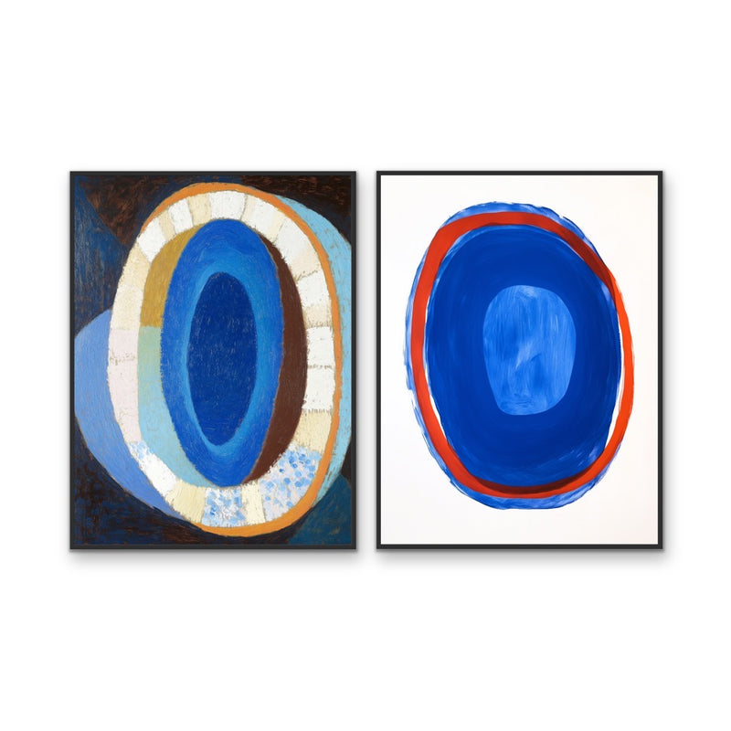 Blue Soul - Abstract Two Piece Set, Contemporary Blue & Red Geometric Stretched Canvas or Wall Art Print