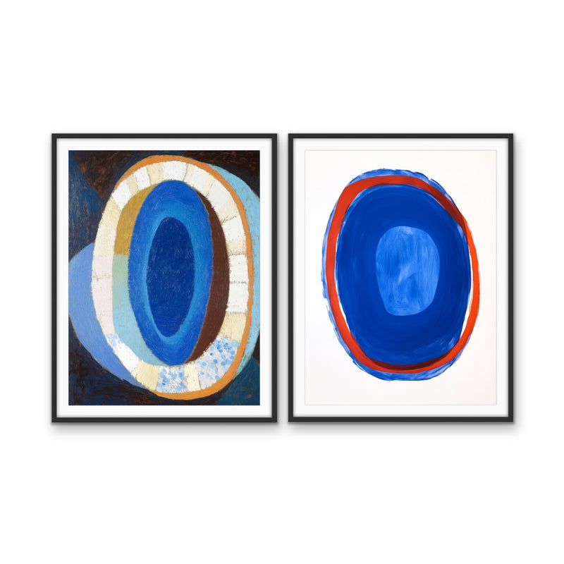 Blue Soul - Abstract Two Piece Set, Contemporary Blue & Red Geometric Stretched Canvas or Wall Art Print