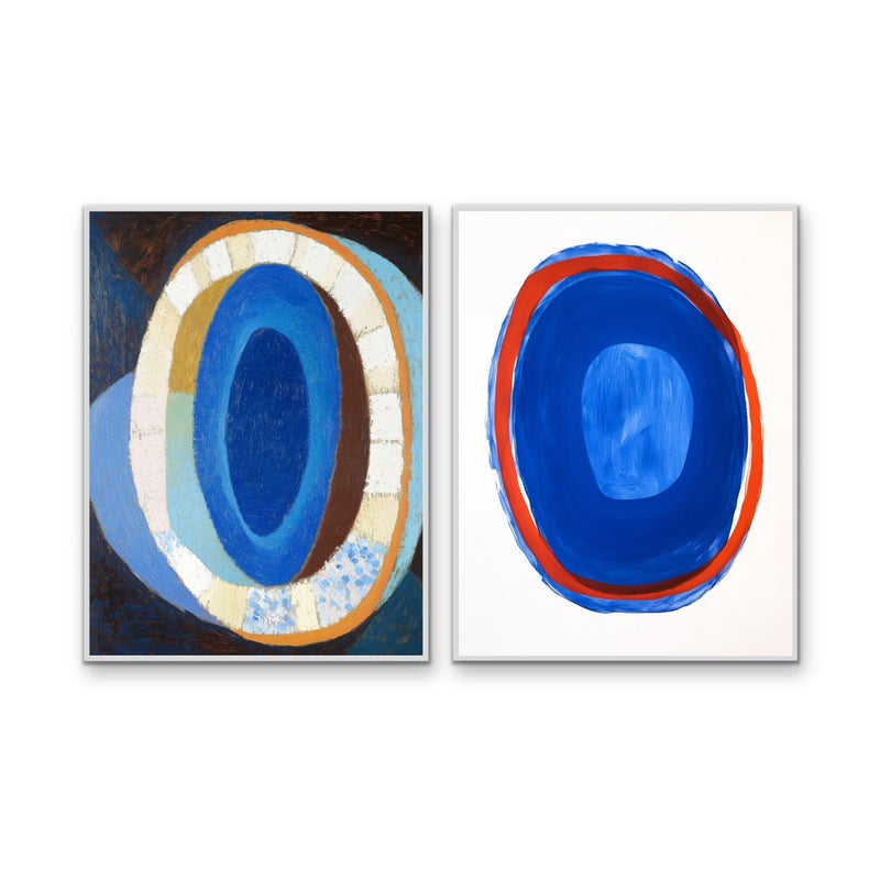 Blue Soul - Abstract Two Piece Set, Contemporary Blue & Red Geometric Stretched Canvas or Wall Art Print