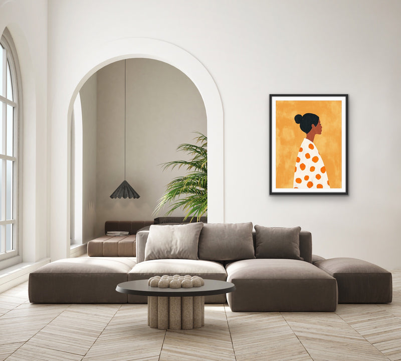 She With The Spots  - Woman With Spotty Jumper Yellow Print I Heart Wall Art Australia