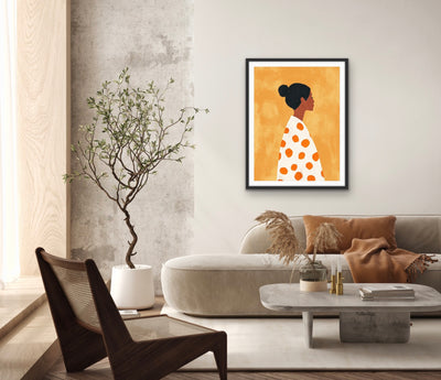 She With The Spots  - Woman With Spotty Jumper Yellow Print I Heart Wall Art Australia