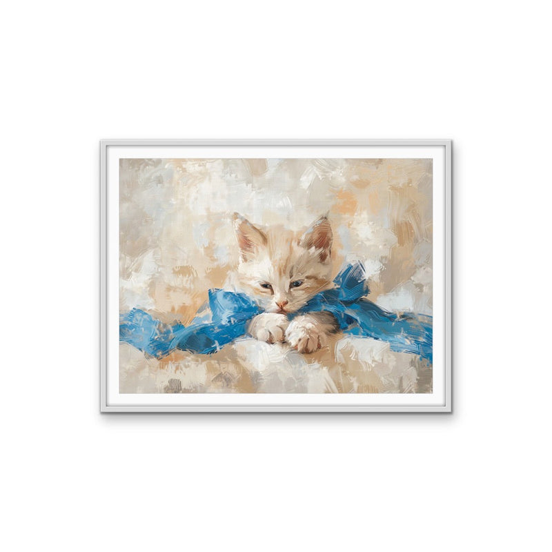 Blue-bowed Kitten - Cat Still Life Painting, Stretched Canvas or Wall Art Print I Heart Wall Art