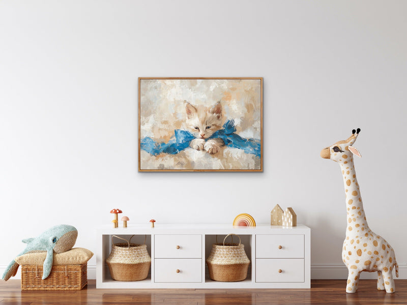 Blue-bowed Kitten - Cat Still Life Painting, Stretched Canvas or Wall Art Print I Heart Wall Art