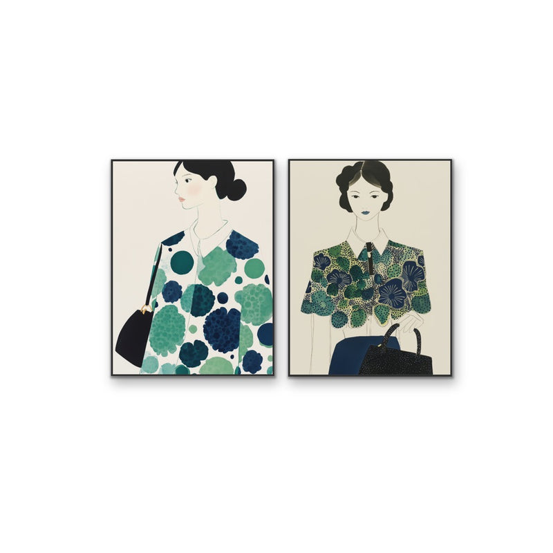 Blue and Green Girls  - Two Piece Stretched Canvas or Art Print Set I Heart Wall Art Australia