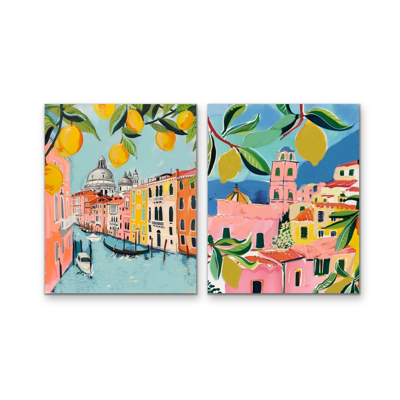 Walk Along Venice - Two Piece Pink, Blue & Orange Set, Stretched Canvas or Wall Art Print