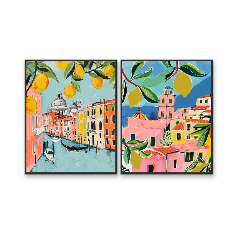 Walk Along Venice - Two Piece Pink, Blue & Orange Set, Stretched Canvas or Wall Art Print