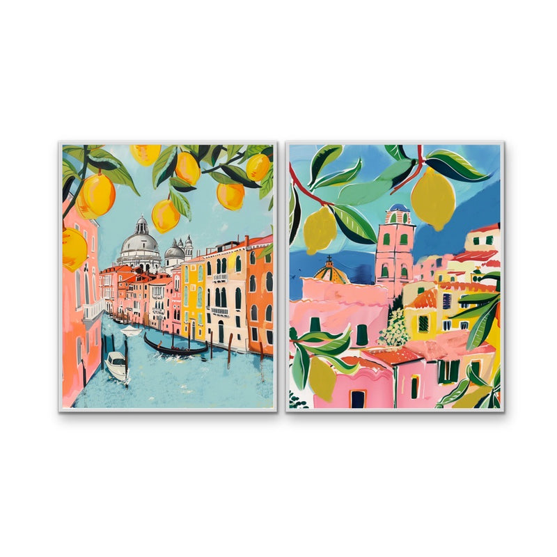 Walk Along Venice - Two Piece Pink, Blue & Orange Set, Stretched Canvas or Wall Art Print
