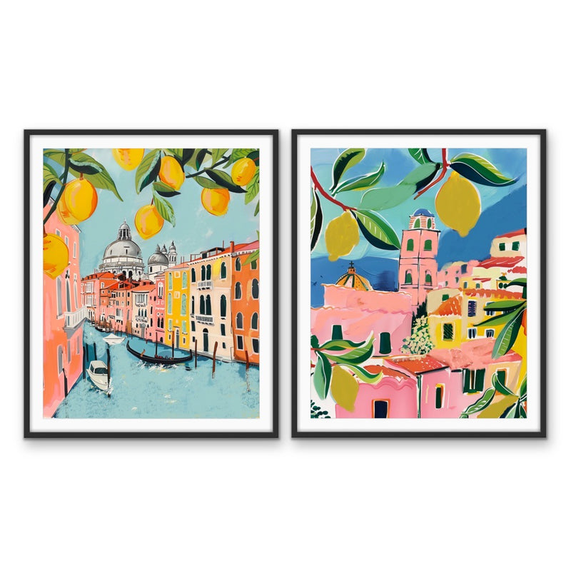 Walk Along Venice - Two Piece Pink, Blue & Orange Set, Stretched Canvas or Wall Art Print