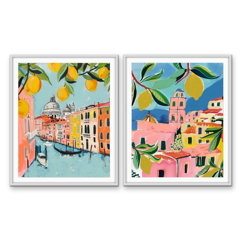 Walk Along Venice - Two Piece Pink, Blue & Orange Set, Stretched Canvas or Wall Art Print