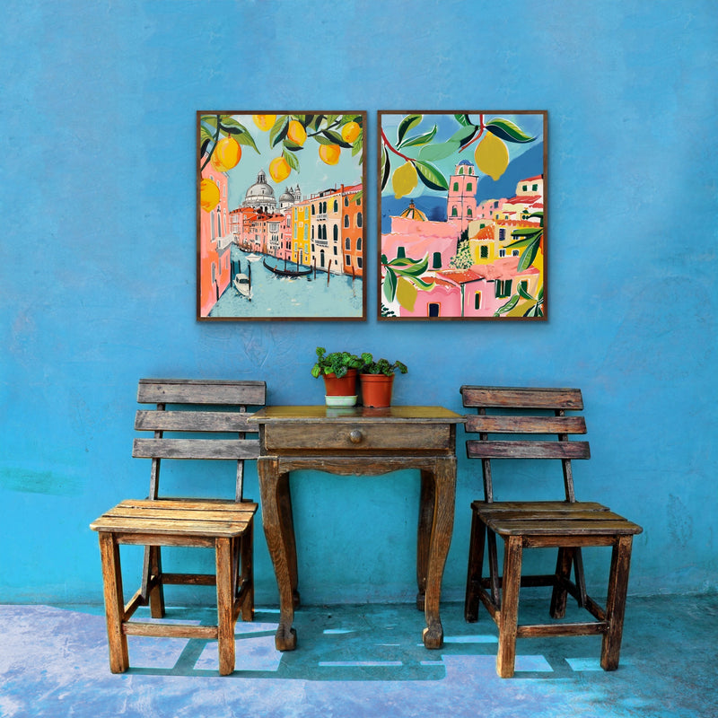 Walk Along Venice - Two Piece Pink, Blue & Orange Set, Stretched Canvas or Wall Art Print