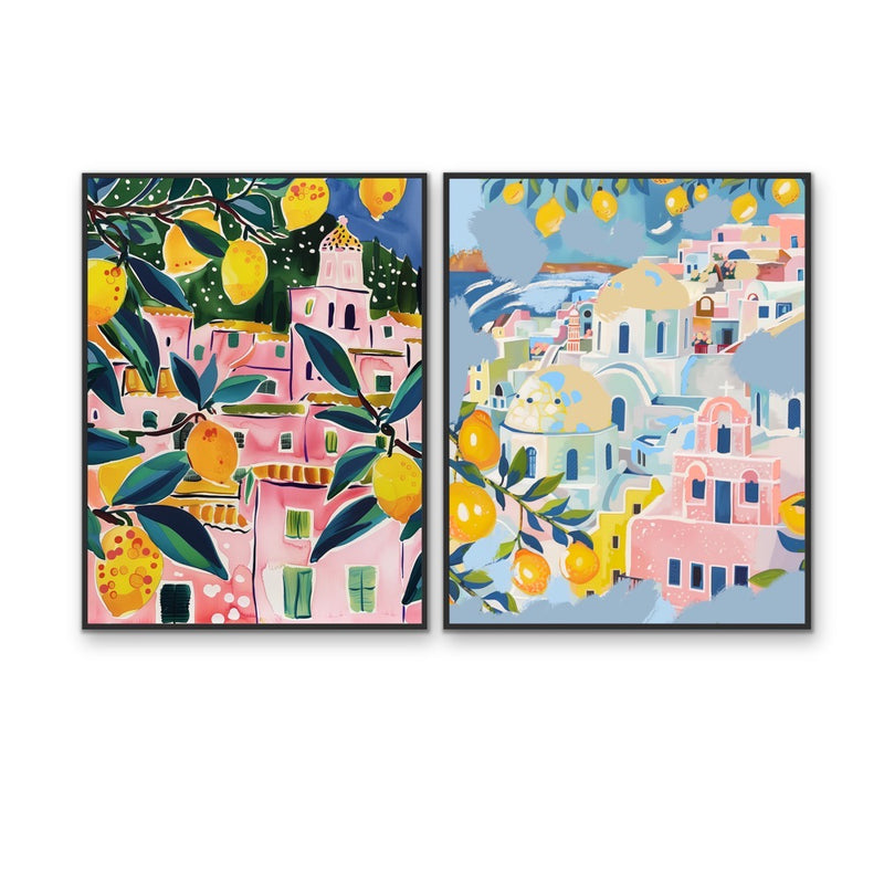 Walk Along Amalfi - Two Piece Pink, Blue & Yellow Set, Stretched Canvas or Wall Art Print