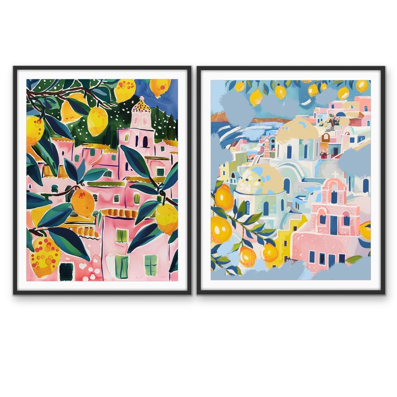 Walk Along Amalfi - Two Piece Pink, Blue & Yellow Set, Stretched Canvas or Wall Art Print