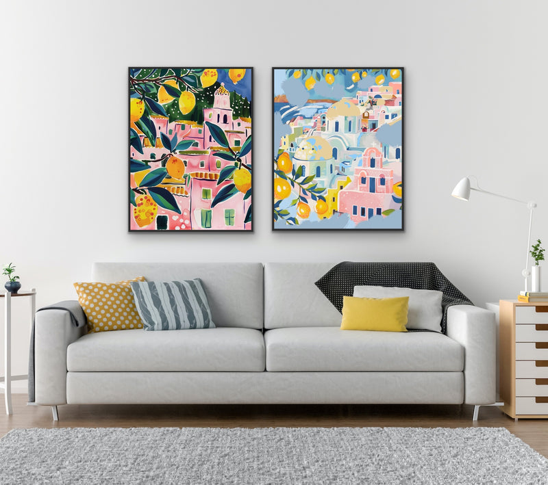 Walk Along Amalfi - Two Piece Pink, Blue & Yellow Set, Stretched Canvas or Wall Art Print