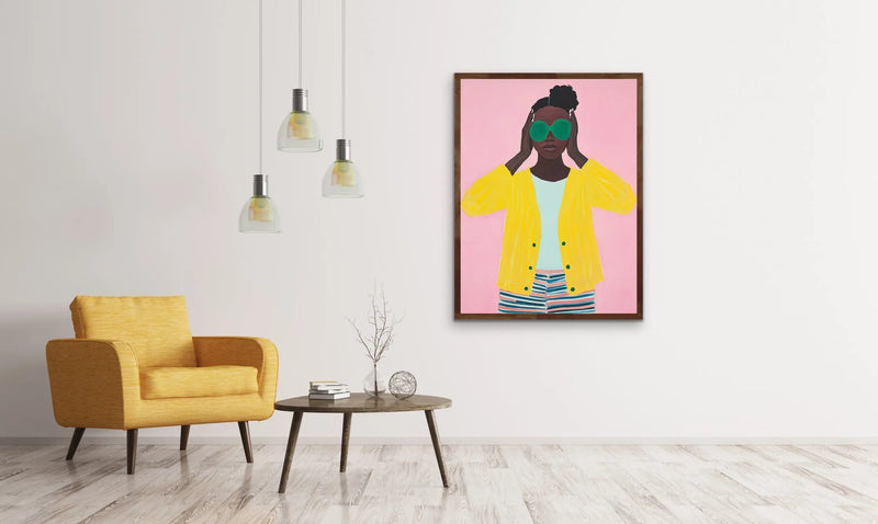 Player  - Colourful African American Woman Print in Pink and Yellow I Heart Wall Art Australia