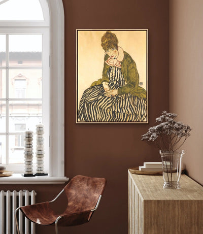 Portrait of Edith Schiele with Striped Dress, Sitting by Egon Schiele - Stretched Canvas Print or Framed Fine Art Print - Artwork - I Heart Wall Art