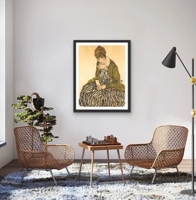 Portrait of Edith Schiele with Striped Dress, Sitting by Egon Schiele - Stretched Canvas Print or Framed Fine Art Print - Artwork - I Heart Wall Art