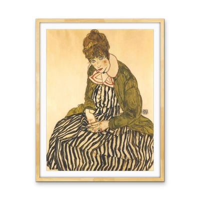 Portrait of Edith Schiele with Striped Dress, Sitting by Egon Schiele - Stretched Canvas Print or Framed Fine Art Print - Artwork - I Heart Wall Art