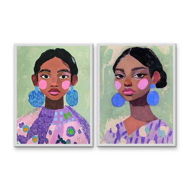 Strength In Pairs - Two Piece Set Purple Green Abstract Women with Blue Earrings Wall Art Canvas Print I Heart Wall Art Australia