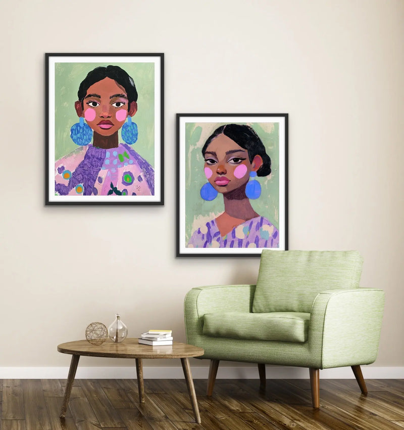 Strength In Pairs - Two Piece Set Purple Green Abstract Women with Blue Earrings Wall Art Canvas Print I Heart Wall Art Australia