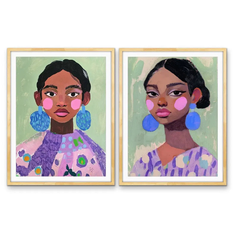 Strength In Pairs - Two Piece Set Purple Green Abstract Women with Blue Earrings Wall Art Canvas Print I Heart Wall Art Australia