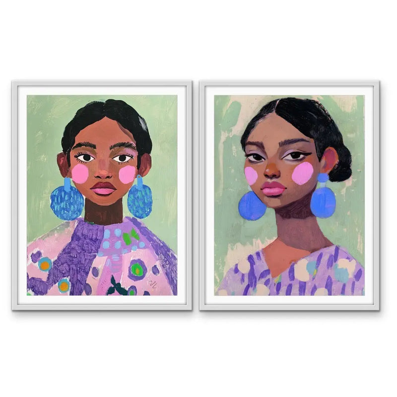 Strength In Pairs - Two Piece Set Purple Green Abstract Women with Blue Earrings Wall Art Canvas Print I Heart Wall Art Australia