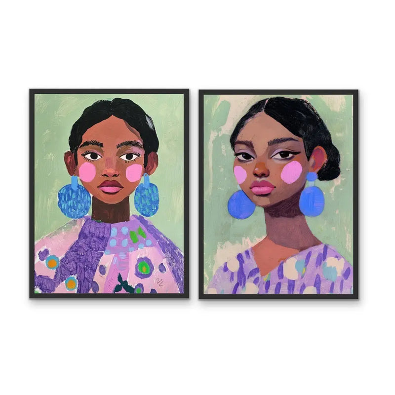 Strength In Pairs - Two Piece Set Purple Green Abstract Women with Blue Earrings Wall Art Canvas Print I Heart Wall Art Australia