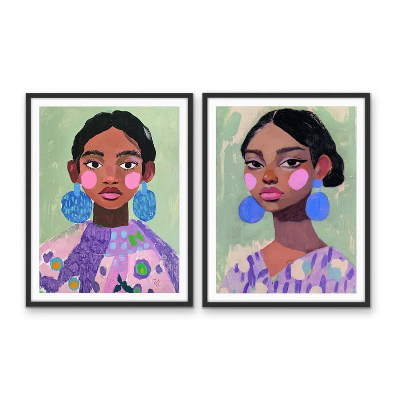 Strength In Pairs - Two Piece Set Purple Green Abstract Women with Blue Earrings Wall Art Canvas Print I Heart Wall Art Australia