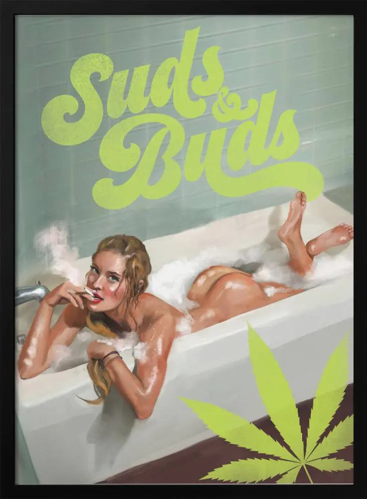 Suds Buds Sexy Girl Smoking Cannabis Joint In Bath - Stretched Canvas, Poster or Fine Art Print I Heart Wall Art