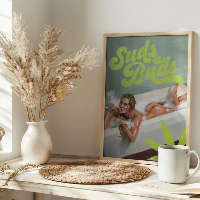 Suds Buds Sexy Girl Smoking Cannabis Joint In Bath - Stretched Canvas, Poster or Fine Art Print I Heart Wall Art