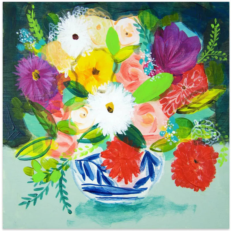 Summer Bouquet With Blue and White Vase IV - Square Stretched Canvas, Poster or Fine Art Print I Heart Wall Art