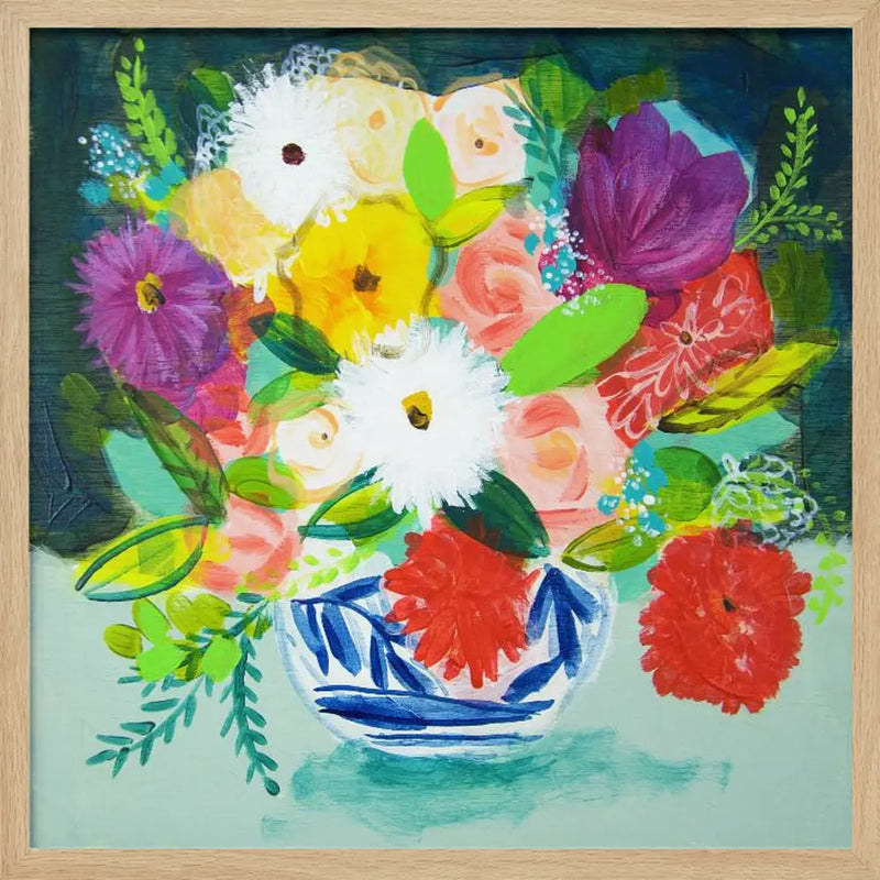 Summer Bouquet With Blue and White Vase IV - Square Stretched Canvas, Poster or Fine Art Print I Heart Wall Art