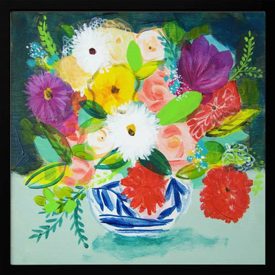 Summer Bouquet With Blue and White Vase IV - Square Stretched Canvas, Poster or Fine Art Print I Heart Wall Art