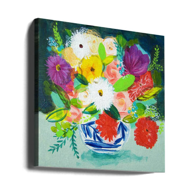 Summer Bouquet With Blue and White Vase IV - Square Stretched Canvas, Poster or Fine Art Print I Heart Wall Art