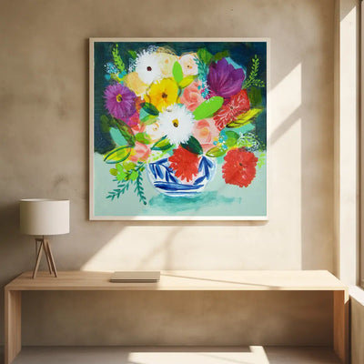 Summer Bouquet With Blue and White Vase IV - Square Stretched Canvas, Poster or Fine Art Print I Heart Wall Art