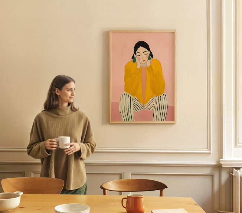 There She Is - Pink And Yellow Art Print Featuring A Woman I Heart Wall Art