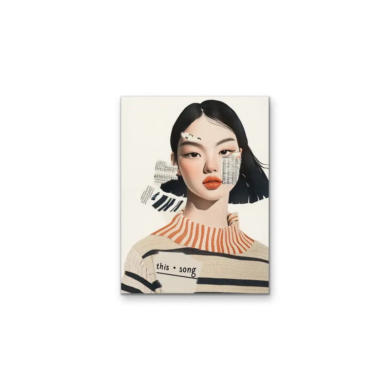 This Song - Portrait Collage of Woman with Stripes Orange & Neutrals Wall Art Canvas Print I Heart Wall Art