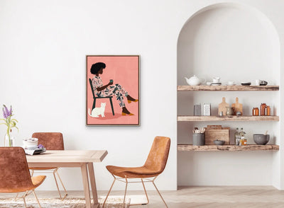 Time Out - African American Woman Sitting With Her Cat Contemporary Pink and Floral Wall Art Print I Heart Wall Art