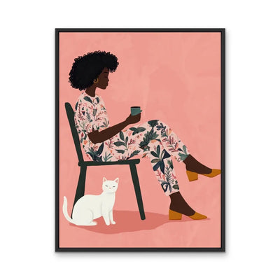 Time Out - African American Woman Sitting With Her Cat Contemporary Pink and Floral Wall Art Print I Heart Wall Art