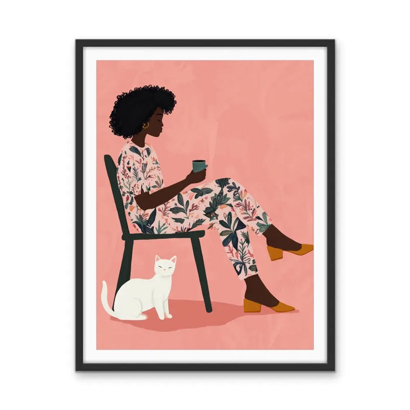 Time Out - African American Woman Sitting With Her Cat Contemporary Pink and Floral Wall Art Print I Heart Wall Art