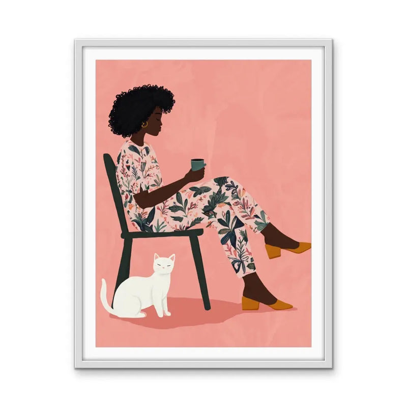 Time Out - African American Woman Sitting With Her Cat Contemporary Pink and Floral Wall Art Print I Heart Wall Art