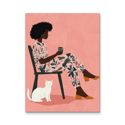 Time Out - African American Woman Sitting With Her Cat Contemporary Pink and Floral Wall Art Print I Heart Wall Art